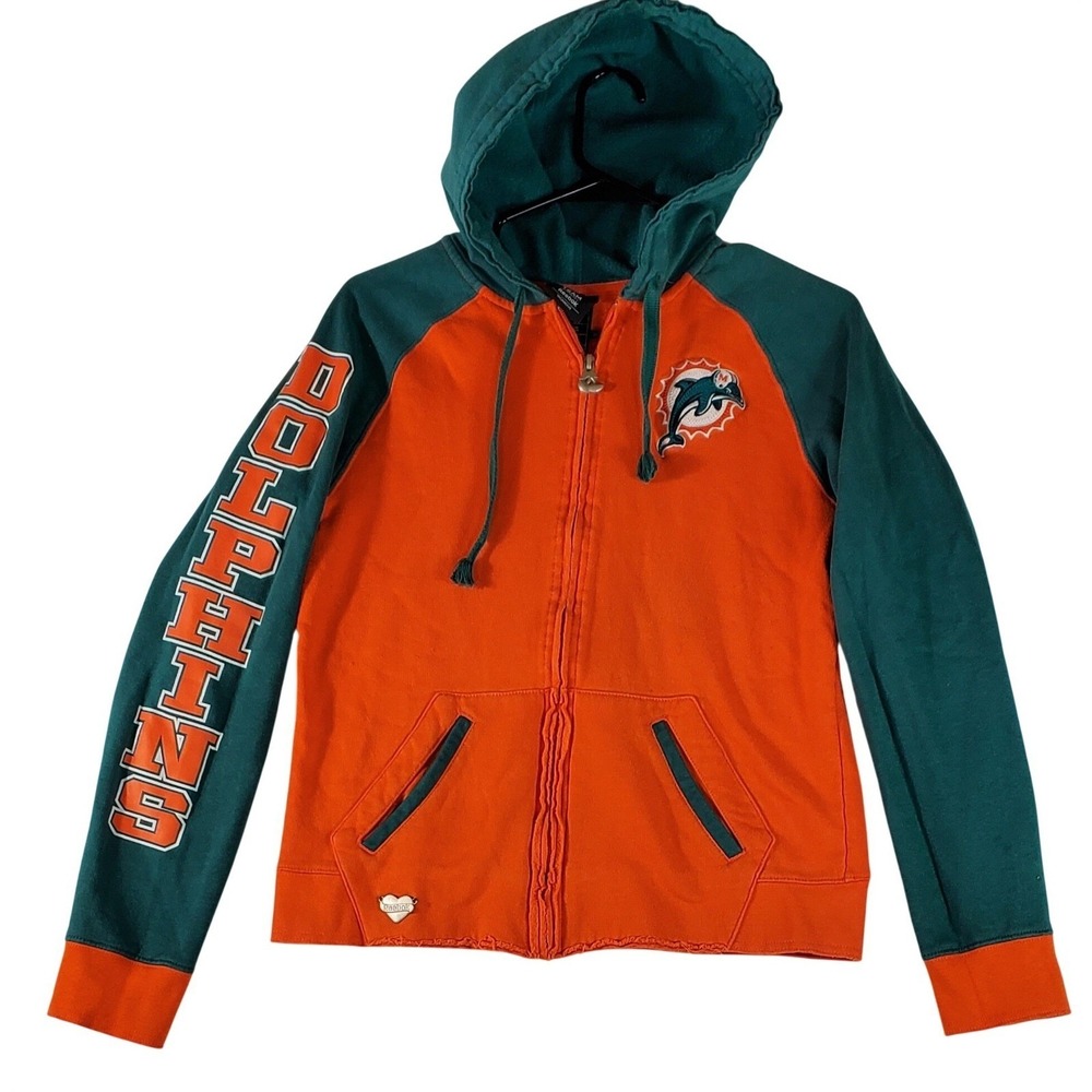Reebok Miami‎ Dolphins Womens Orange Teal Full Zip Hoodie Sweatshirt Medium NFL